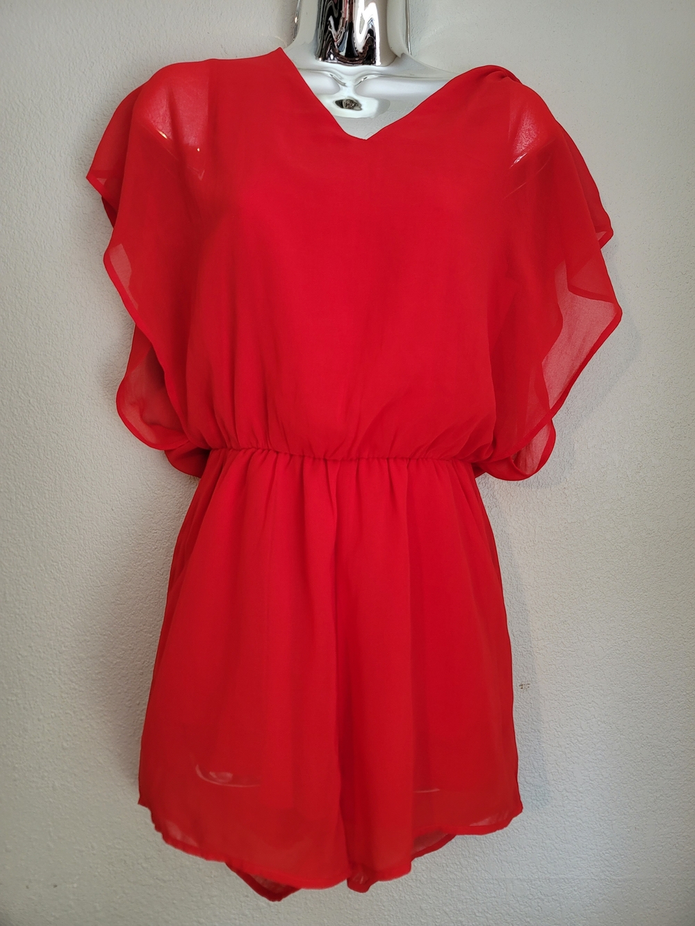 miami Red Chiffon Romper with Elastic Waist